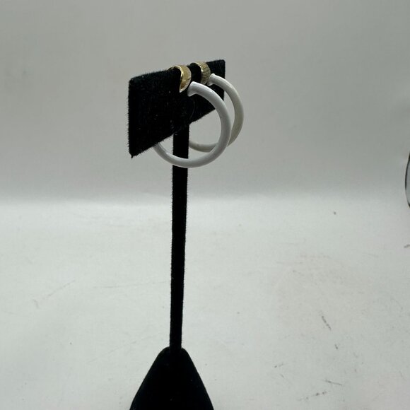 Lewis Segal Gold Clip-On Hoop Earrings White Enamel Accent Vintage Style - Picture 3 of 5